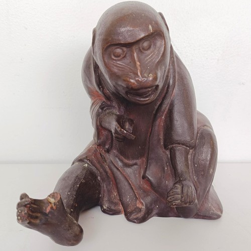 806 - A Chinese terracotta figure of a wise monkey, a blue and white plate and assorted other items (box)