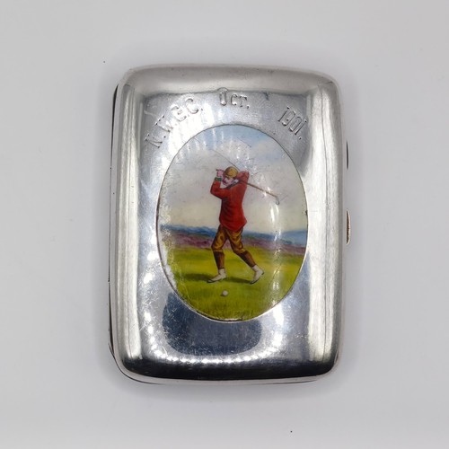 65 - A George V silver and enamel cigarette case, the top inset with oval panel decorated a golfer, Birmi...