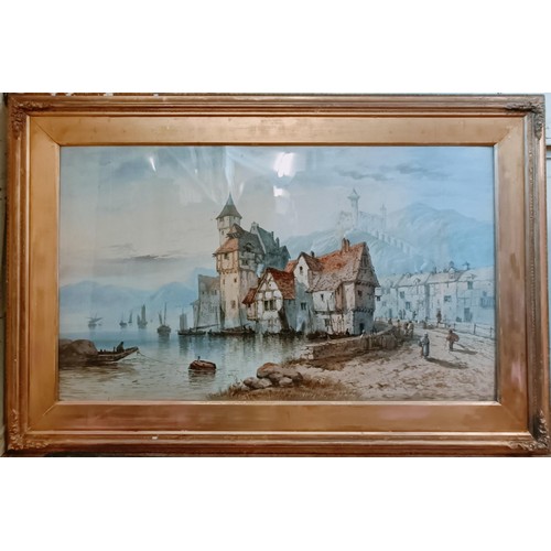 1205 - 19th century, Continental school, landscape with a village by a lake, watercolour, 70 x 120 cm