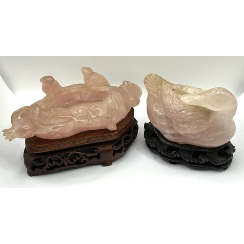 833 - A Chinese rose quartz carving of a duck, 9 cm wide, and a shallow bowl, on a hardwood base, 12 cm wi... 