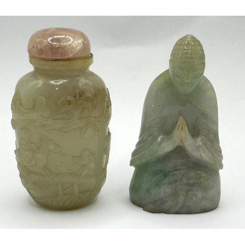 838 - A Chinese jadeite snuff bottle, 8 cm high, and a carving, 7 cm high (2)