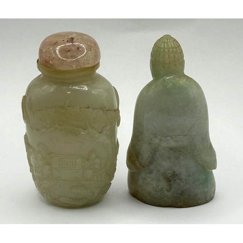 838 - A Chinese jadeite snuff bottle, 8 cm high, and a carving, 7 cm high (2)