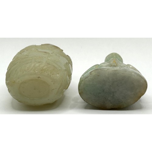 838 - A Chinese jadeite snuff bottle, 8 cm high, and a carving, 7 cm high (2)