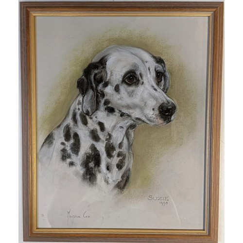 1219 - Marjorie Cox, pet portrait, Suzie, pastel, signed and dated 1993, 43 x 33 cm pet portrait, Talla, pa... 