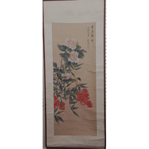 939 - A Chinese scroll, decorated landscape, 80 cm wide, another, decorated flowers, 33 cm wide, and two J... 