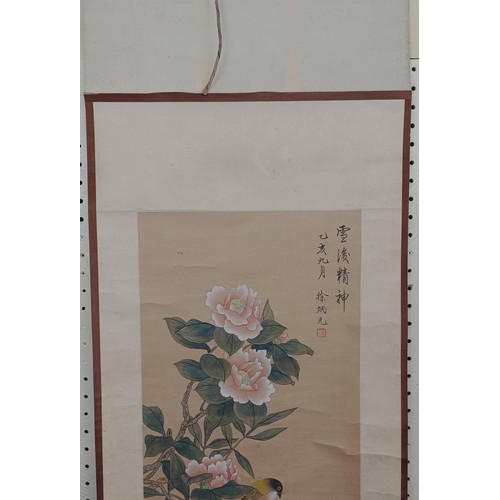 939 - A Chinese scroll, decorated landscape, 80 cm wide, another, decorated flowers, 33 cm wide, and two J... 