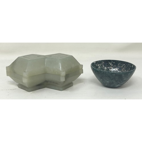 826 - A mutton fat jade box and cover, of double lozenge form, 9 cm wide, and a small hardstone bowl, 5 cm... 