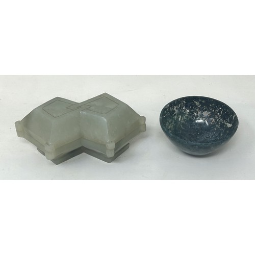 826 - A mutton fat jade box and cover, of double lozenge form, 9 cm wide, and a small hardstone bowl, 5 cm... 