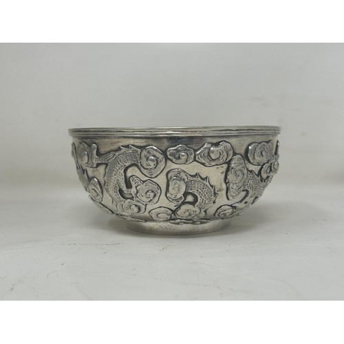 841 - A set of six Chinese silver coloured metal bowls, decorated dragons, Wang Hing, 11 cm diameter (6)