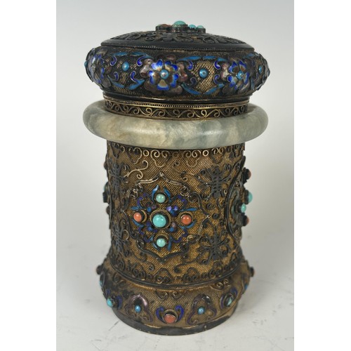 851 - A Chinese tea caddy, with a green hardstone collar, filigree decoration, multi-coloured stones and a... 