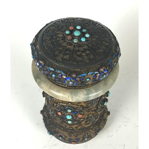 851 - A Chinese tea caddy, with a green hardstone collar, filigree decoration, multi-coloured stones and a... 