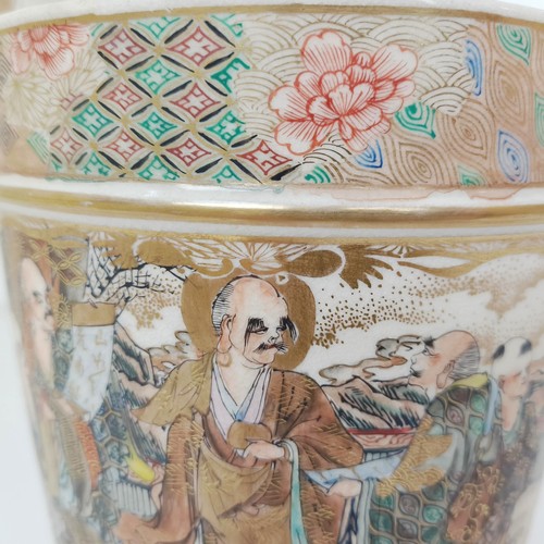 955 - A Japanese Satsuma pottery bucket, decorated figures, 26 cm high