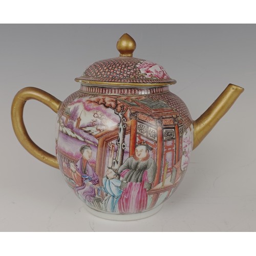 972 - A 19th century Chinese exportware teapot, decorated figures, 17 cm high