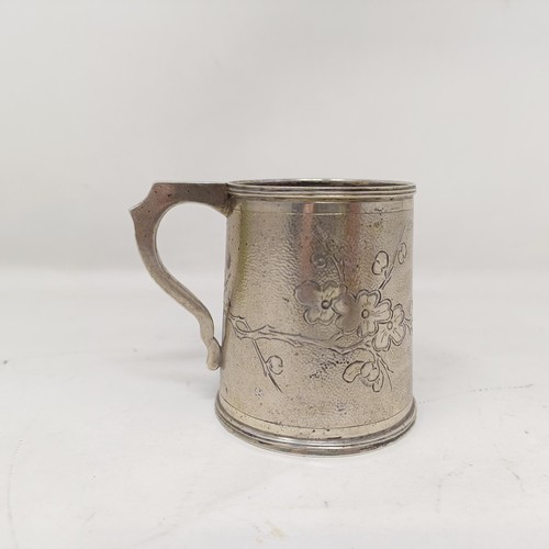 852 - A Chinese silver coloured metal mug, with engraved decoration and inscribed 'Joyce', Hung Chong &... 