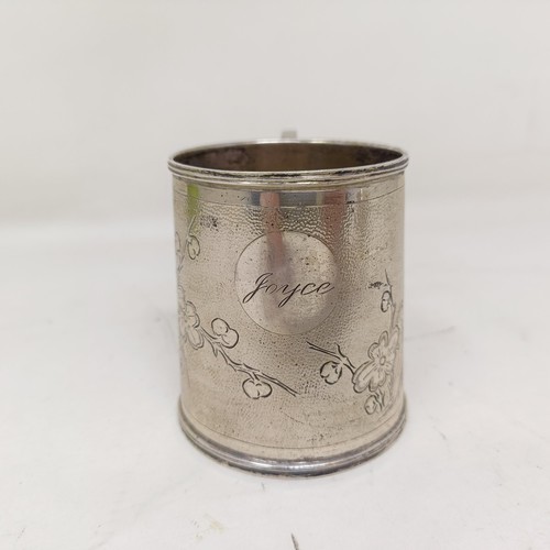 852 - A Chinese silver coloured metal mug, with engraved decoration and inscribed 'Joyce', Hung Chong &... 