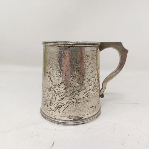 852 - A Chinese silver coloured metal mug, with engraved decoration and inscribed 'Joyce', Hung Chong &... 