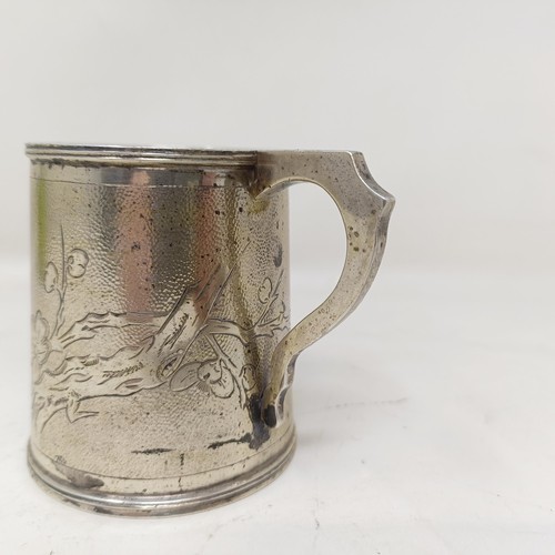 852 - A Chinese silver coloured metal mug, with engraved decoration and inscribed 'Joyce', Hung Chong &... 