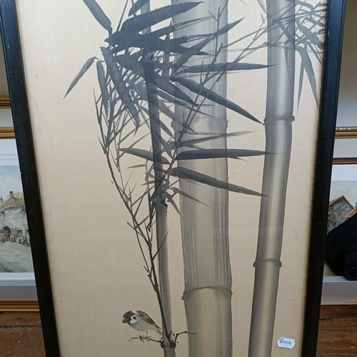 907 - A Chinese print, bird perched on bamboo, bearing signature, 110 x 46 cm