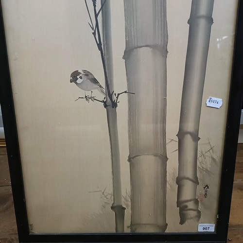 907 - A Chinese print, bird perched on bamboo, bearing signature, 110 x 46 cm