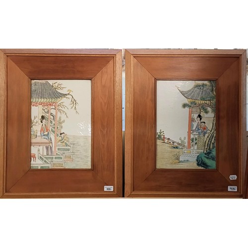 908 - A Chinese porcelain plaque, decorated figures, 36 x 25 cm, and its pair, in a modern frame (2)