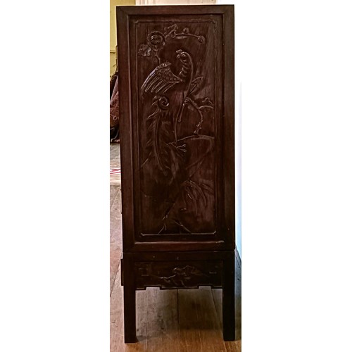 873 - A Chinese hardwood cupboard, with two cupboard doors and a single drawer, carved dragons, 76 cm wide