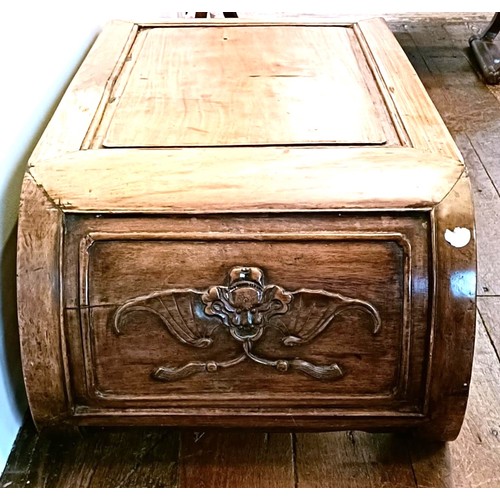 870 - A Chinese hardwood low table, with a carved freize, 94 cm wide, and another, 75 cm wide (2)