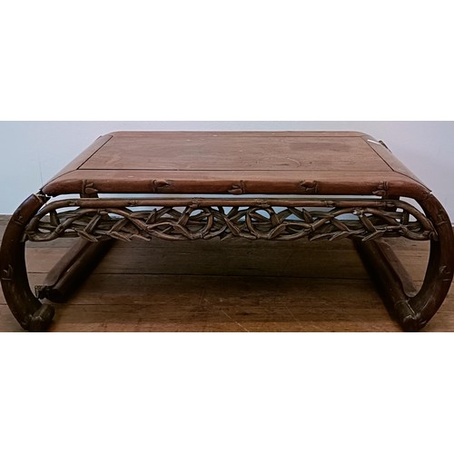 870 - A Chinese hardwood low table, with a carved freize, 94 cm wide, and another, 75 cm wide (2)