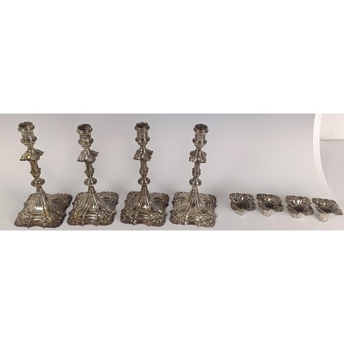 13 - Two matching pairs of mid 18th century cast silver candlesticks, London 1757 and 1763, 61.7 ozt, 26 ... 