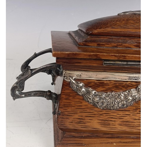 14 - A late Victorian silver and oak casket, monogrammed and inscribed 'Presented to James Holmes.....190... 