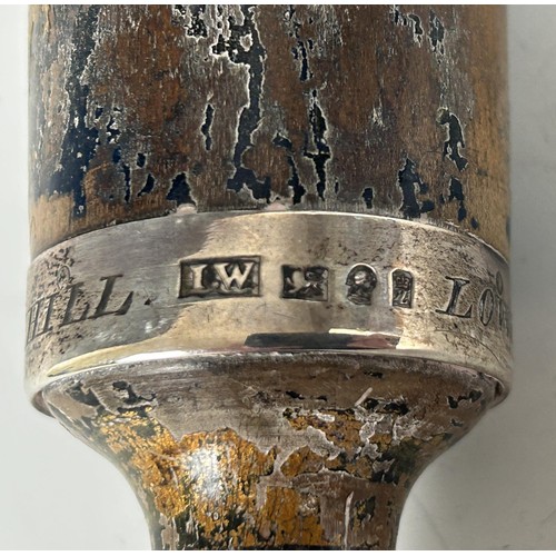 50 - An early Victorian truncheon or tipstaff, with traces of paint and a silver mount engraved .... Chie...