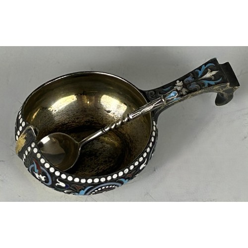 64 - A Russian silver gilt and champleve enamel quaiche, with a matching spoon (2)