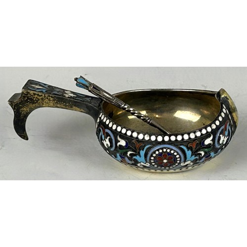 64 - A Russian silver gilt and champleve enamel quaiche, with a matching spoon (2)