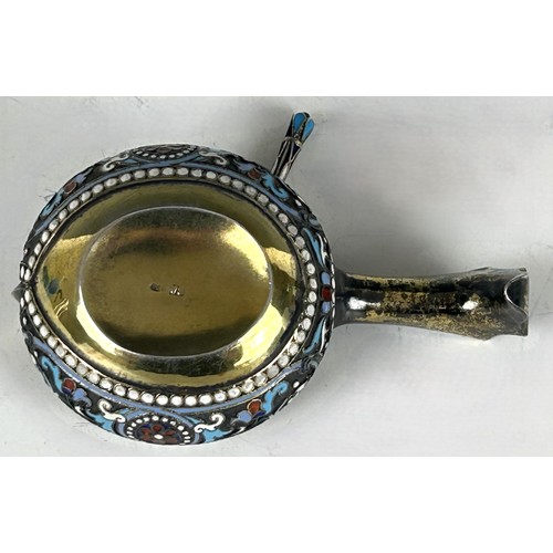 64 - A Russian silver gilt and champleve enamel quaiche, with a matching spoon (2)