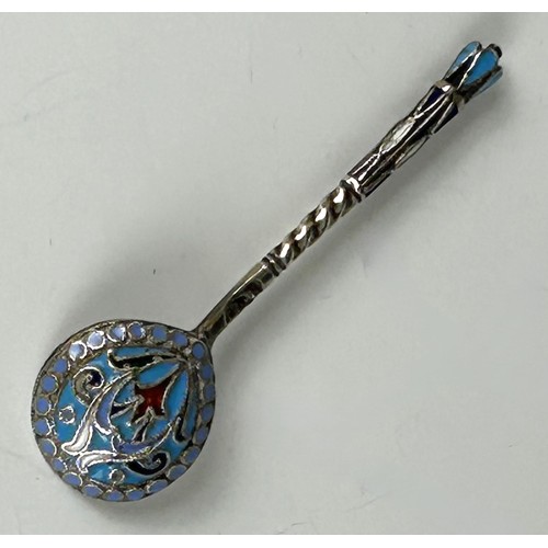 64 - A Russian silver gilt and champleve enamel quaiche, with a matching spoon (2)