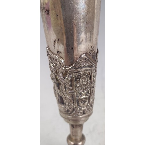 86 - A 19th century Russian silver coloured metal goblet, decorated figures, 84 standard, loaded, 20 cm h... 