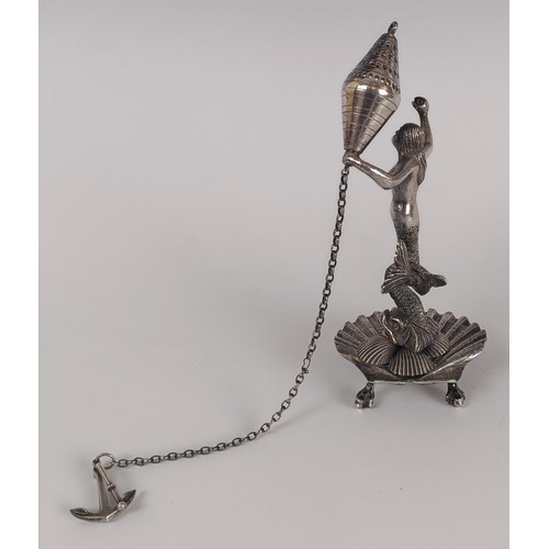 111 - An 18th century style plated spice box, being held aloft by a mermaid on a dolphin with a shell base... 