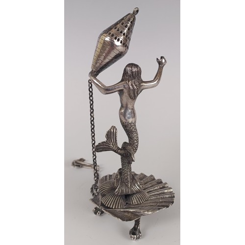 111 - An 18th century style plated spice box, being held aloft by a mermaid on a dolphin with a shell base... 