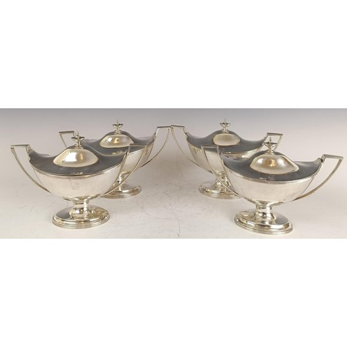 113 - A set of four George III sauce tureens with covers, crested, London 1798, 72.2 ozt, 18 cm high (4)