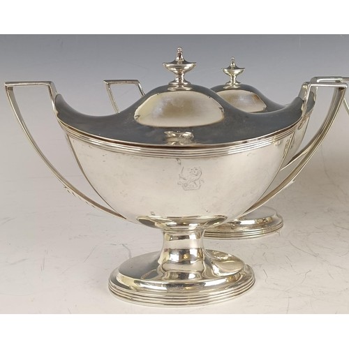 113 - A set of four George III sauce tureens with covers, crested, London 1798, 72.2 ozt, 18 cm high (4)