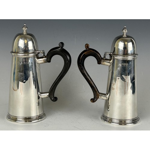 123 - A pair of George V silver chocolate pots, with wooden handles, London 1913, 21 ozt (all in) (2)