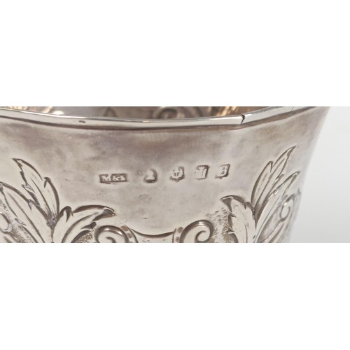 132 - A 19th century silver beaker, initialed, with embossed decoration, probably Edinburgh 1833, 3.7 ozt,... 