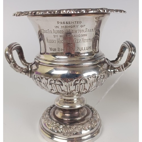 135 - A George V silver campana vase, engraved 'Presented in memory of W.Bro. Sir Alfred J.Newton, Baert.P... 