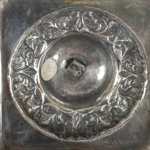 137 - An 18th century silver coloured metal Judaica spice box, on a square base, 14 cm high