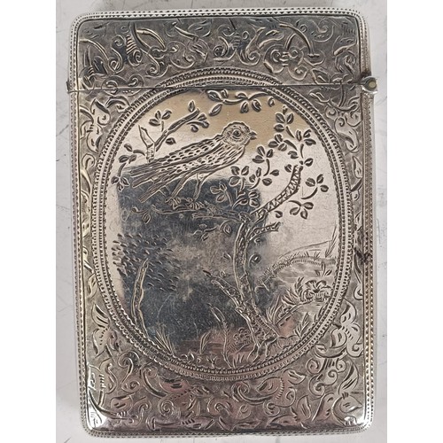 139 - A late Victorian silver card case, initialed, and engraved birds in trees, Birmingham 1900, 2.6 ozt,... 