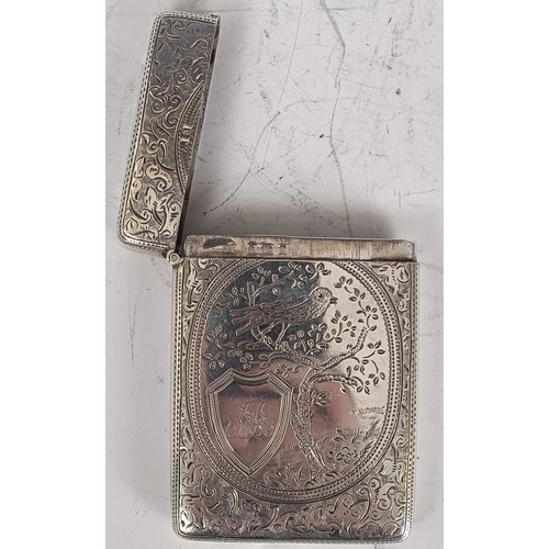 139 - A late Victorian silver card case, initialed, and engraved birds in trees, Birmingham 1900, 2.6 ozt,... 