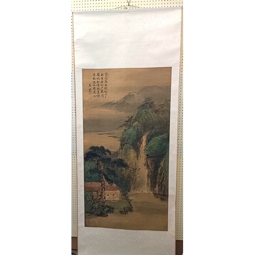 939 - A Chinese scroll, decorated landscape, 80 cm wide, another, decorated flowers, 33 cm wide, and two J... 