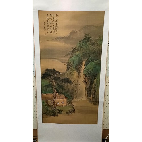 939 - A Chinese scroll, decorated landscape, 80 cm wide, another, decorated flowers, 33 cm wide, and two J... 