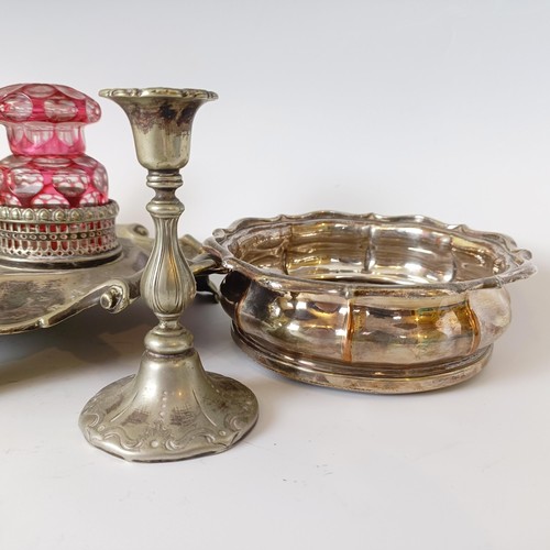 1 - A Victorian silver plated desk stand, with cased glass inkwells, a pair of bottle coasters and assor... 