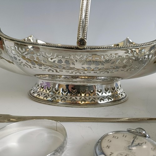 21 - A George V silver sugar bowl, 3.4 ozt, assorted silver plate, a silver bangle, and an open face pock... 