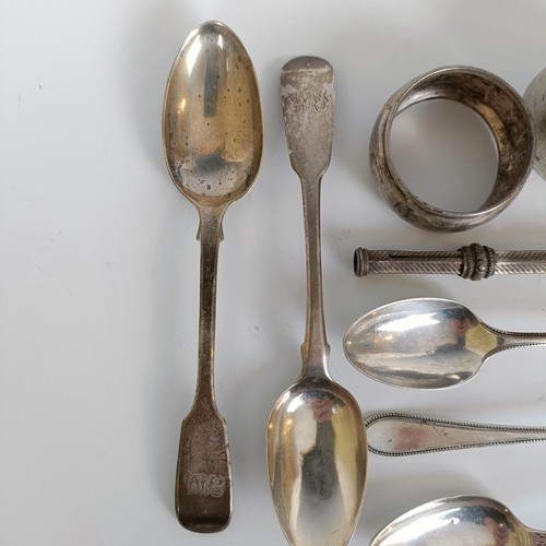 147 - Assorted silver spoons, napkin ring, and a pencil inset with a purple stone, 6.1 ozt, (all in)